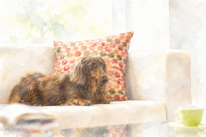 水彩画で描かれたソファでくつろぐ犬